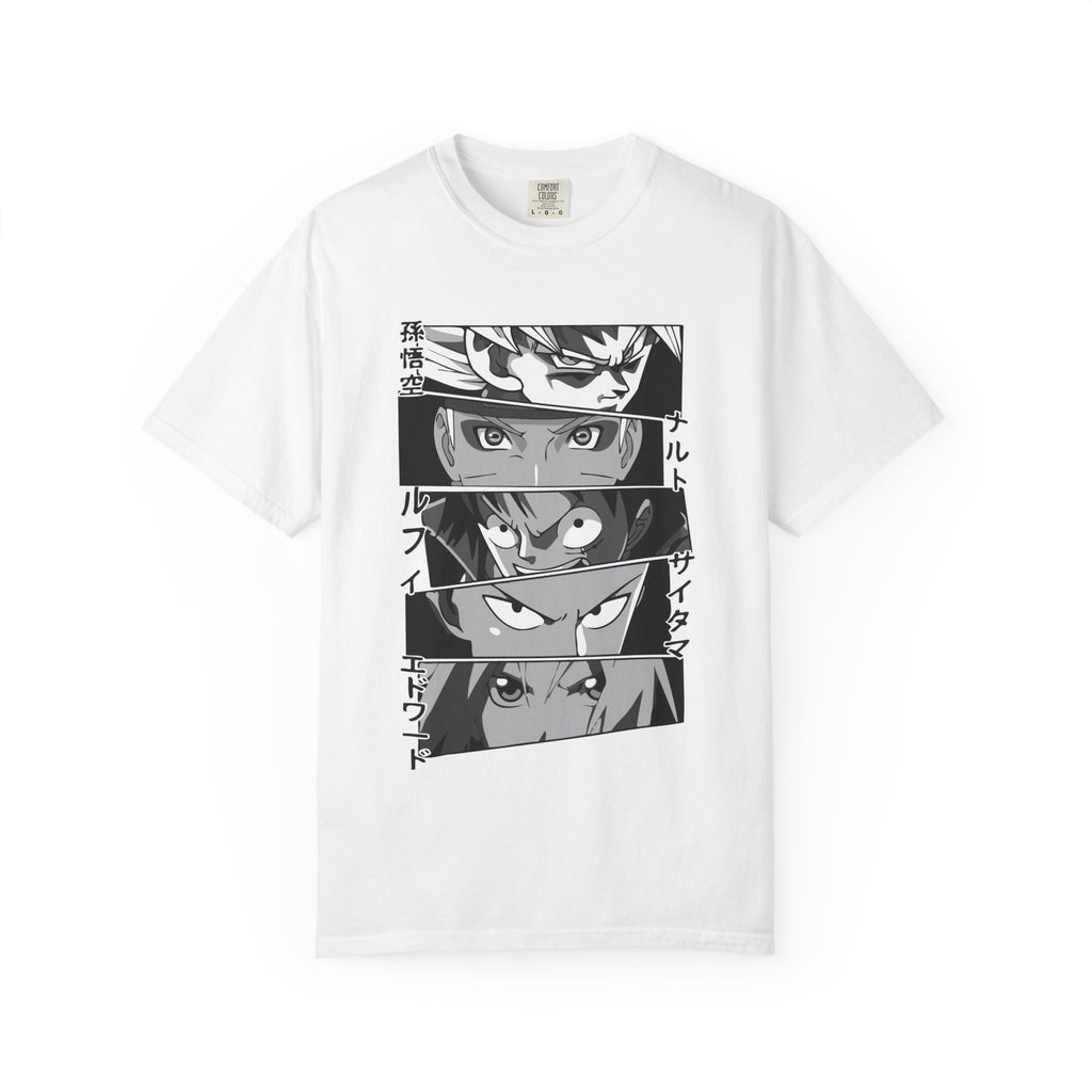 Anime Eyes Panel T‑Shirt — Black & White Shōnen Character Collage