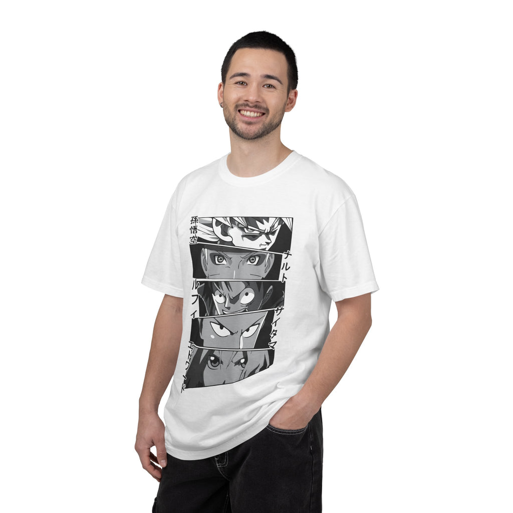 Anime Eyes Panel T‑Shirt — Black & White Shōnen Character Collage